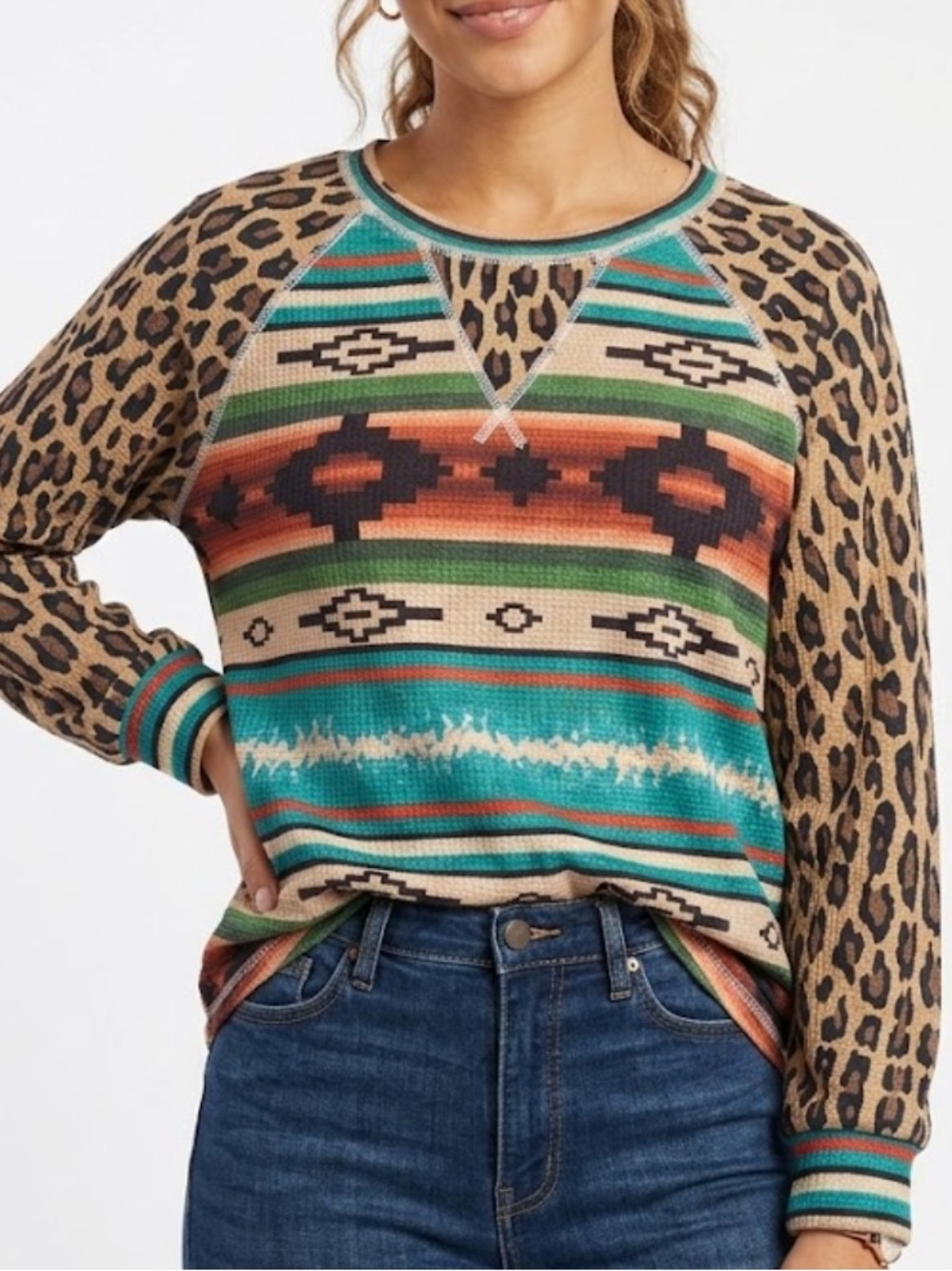Mixed-Print Crewneck Sweater in Teal and Tan